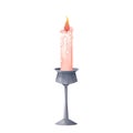 Wax candle with fire in metal holder, candelabra flame in cartoon style isolated on white background. Royalty Free Stock Photo