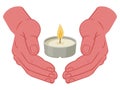 Wax candle in hands, cozy cartoon candle. Human hands holding candle, holidays aromatherapy flat vector illustration on white