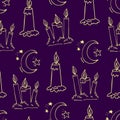 Wax candle and Moon seamless pattern. Burning wax light in church vector illustration. Hand drawn glim and crescent wallpaper