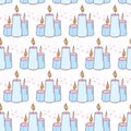 Wax candle seamless pattern. Burning wax light vector illustration. Hand drawn blue glim wallpaper design.