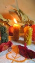 Wax candles and decorations in a simple composition