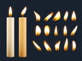 Wax candles. Romantic lights from candle flame different shapes of fuse vector realistic collection