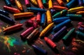 Wax colorful crayons on dark surface. Generate ai