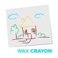 Wax Crayon Child Drawind Vector. My House. Family. Isolated Flat Cartoon Illustration