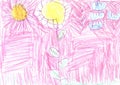 Wax crayon kid s hand drawn grass hills with blue sky ,child s drawn flowers set. kid s painting spring and summer meadow.