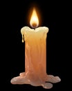 Single wax candle burning on a dark background.