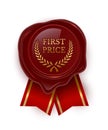 Wax round seal with red ribbon and first price gold stamp, 3d circle old royal badge Royalty Free Stock Photo