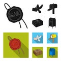 Wax seal, postal pigeon with envelope, mail box and parcel.Mail and postman set collection icons in black, flat style