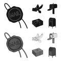 Wax seal, postal pigeon with envelope, mail box and parcel.Mail and postman set collection icons in black,monochrom