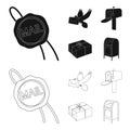 Wax seal, postal pigeon with envelope, mail box and parcel.Mail and postman set collection icons in black,outline style