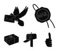 Wax seal, postal pigeon with envelope, mail box and parcel.Mail and postman set collection icons in black style vector