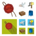 Wax seal, postal pigeon with envelope, mail box and parcel.Mail and postman set collection icons in cartoon,flat style