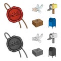 Wax seal, postal pigeon with envelope, mail box and parcel.Mail and postman set collection icons in cartoon,monochrome