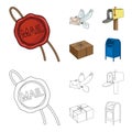 Wax seal, postal pigeon with envelope, mail box and parcel.Mail and postman set collection icons in cartoon,outline