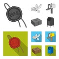 Wax seal, postal pigeon with envelope, mail box and parcel.Mail and postman set collection icons in monochrome,flat