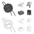Wax seal, postal pigeon with envelope, mail box and parcel.Mail and postman set collection icons in outline,monochrome