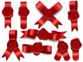 Wax seal ribbon. Wax stamps on ribbons, royal mail letter postal stamp and premium wax seals isolated 3D vector