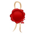 Wax seal round stump red color with rope in cartoon style isolated on white background. Confidential, quality symbol. Royalty Free Stock Photo