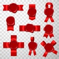 Wax seals with red ribbons in different shapes styles realistic set. Envelope design