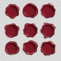 Wax stamp realistic, seal round postmarks. Old red diploma or certificate tag, quality rubber shape for letter, 3d label Royalty Free Stock Photo