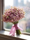 Waxflower wedding bouquet blurred background