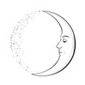 Waxing Crescent Moon with a face of handsome young man. Hand drawn vector illustration in vintage style Royalty Free Stock Photo