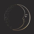 Waxing Crescent Moon with a face of handsome young man. Hand drawn vector illustration in vintage style, golden on dark Royalty Free Stock Photo