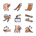 Waxing linear icons set. Female hair removal procedure. Depilation equipment