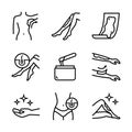 Waxing linear icons set. Female hair removal procedure. Depilation equipment