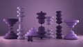 Waxy candles in the shape of hourglass, abstract shapes, organic composition, purple pastel colored background, concept of passing