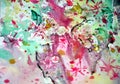 Watercolor waxy green burnt pink yellow blurred waxy gold spots colorful hues, strokes of brush, backgrounnd Royalty Free Stock Photo