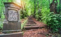 Way of the Cross, path with stairs and Christian sculptures through the forest in Malmedy, Belgium.