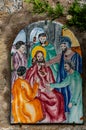 Way of the cross. 1st Station. Jesus is condemned to death. Hand painted ceramic tile, Ingurtosu, Arbus, South Sardinia