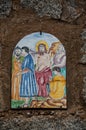 Way of the cross. 10th Station. Jesus is stripped of his clothes. Hand painted ceramic tile, Ingurtosu, Arbus, South Sardinia
