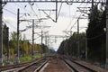 The way forward railway. Train track on green landscape. Royalty Free Stock Photo