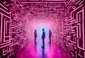 way highlighting a programmer digital center walls ai surrounded neon generative paths stands lights virtual maze coding
