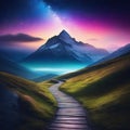 way path to heaven under starry sky with norther light Royalty Free Stock Photo