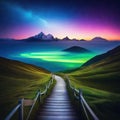 way path to heaven under starry sky with norther light Royalty Free Stock Photo