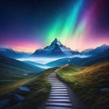 way path to heaven under starry sky with norther light Royalty Free Stock Photo