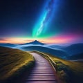 way path to heaven under starry sky with norther light Royalty Free Stock Photo