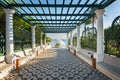 Way with pergola to Dome in Kalithea Rhodes, Greece - Text tra Royalty Free Stock Photo