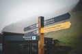 Way sign at Black Sand Beach Reynisfjara, Iceland during foggy weathe Royalty Free Stock Photo