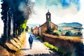 Way of St James , Camino de Santiago, Spain, watercolor landscape