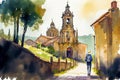 Way of St James , Camino de Santiago, Spain, watercolor landscape