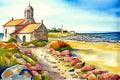 Way of St James , Camino de Santiago, Spain, watercolor landscape