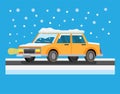 Driving car in snow storm flat illustration vector