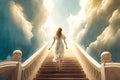 Way to dream girl in white dress walking up stairway to heaven