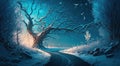 Way to a Fairy World Winter Trees Without Leaves Snow Transparent Ice Magic Magic Blue Sky Glow AI Generative Royalty Free Stock Photo