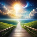 way to heaven with blessing light shine from horizontal dreamy elegant background Royalty Free Stock Photo