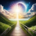 way to heaven with blessing light shine from horizontal dreamy elegant background Royalty Free Stock Photo